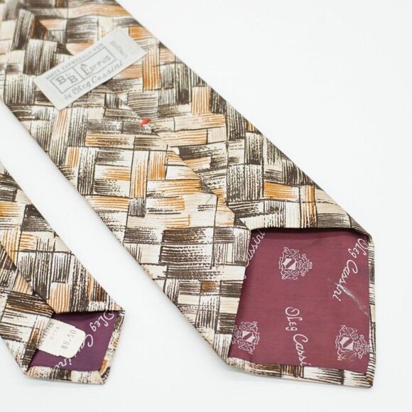 Oleg Cassini Deco Art Abstract Print Brown Polyester Short Wide Tie - Picture 7 of 8